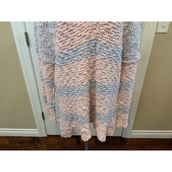 Free People Pink & Blue Striped Knubby Knit V-Neck Sweater, Size Medium - Picture 3 of 7
